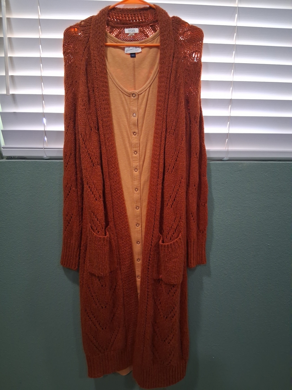 BundleLong Open-Front Knit Cardigan - Rust With Maxi Dress